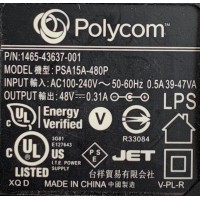 CARGADOR / ADAPTADOR DE FUENTE DE ALIMENTACION POLYCOM VCA-VCD / NUMERO DE PARTE 1465-43637-001 / ENTRADA VCA AC100V-240V~ 50-60HZ 0.5A 39-47VA / SALIDA VCD 48V 0.31A / MODELO PSA15A-480P